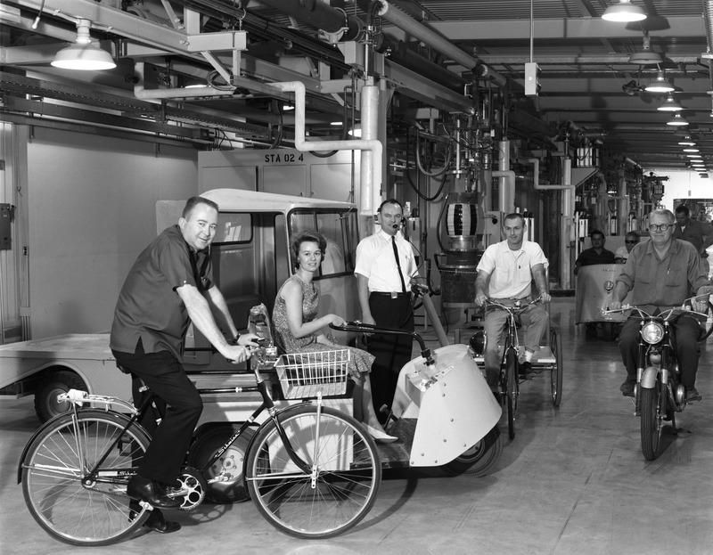 Staff on vehicles in Klystron Gallery, 1965