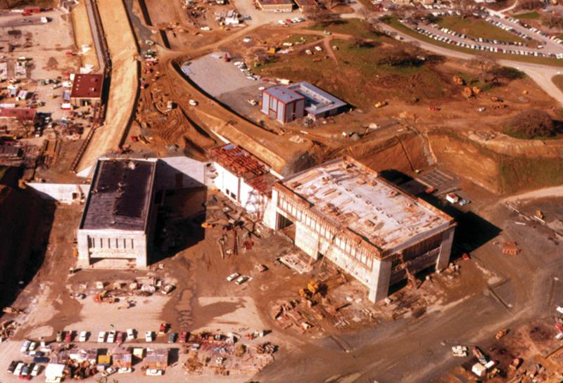 Color aerial of End Stations under construction, 1966