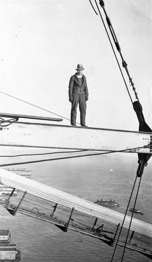 Bob Gould atop a bridge under construction, 1970's