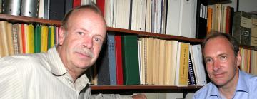 Paul Kunz (left) with Tim Berners-Lee (right) at SLAC with NeXT  computer that held first North American web browser, 10/22/2003